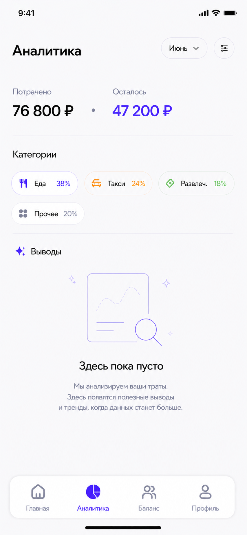 Экран аналитики по категориям трат